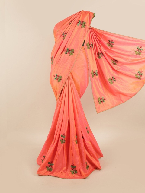 

Pothys Peach-Coloured & Green Floral Embroidered Sana Silk Saree