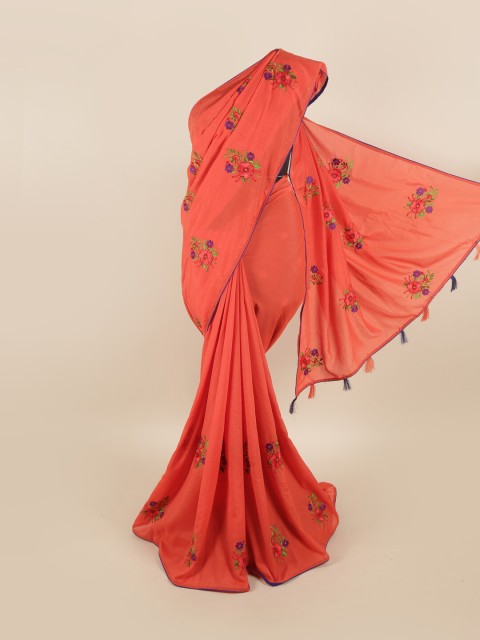 

Pothys Peach-Coloured & Blue Floral Embroidered Sana Silk Saree