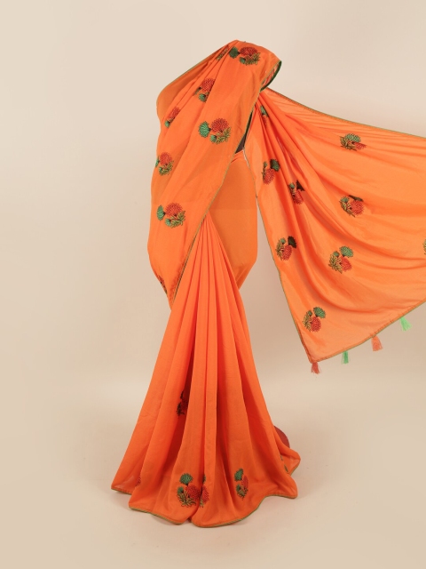 

Pothys Orange & Green Floral Embroidered Sana Silk Saree