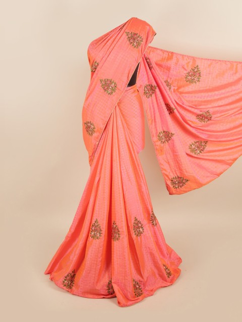 

Pothys Pink & Gold-Toned Floral Embroidered Sana Silk Saree
