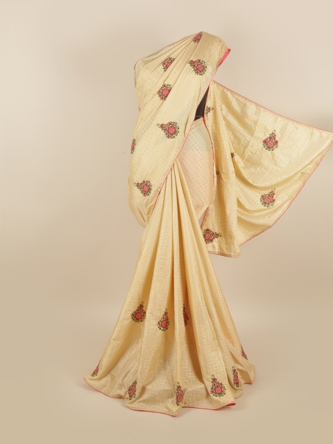 

Pothys Cream-Coloured & Pink Floral Embroidered Sana Silk Saree