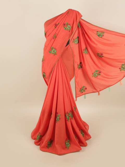 

Pothys Orange & Green Floral Embroidered Sana Silk Saree
