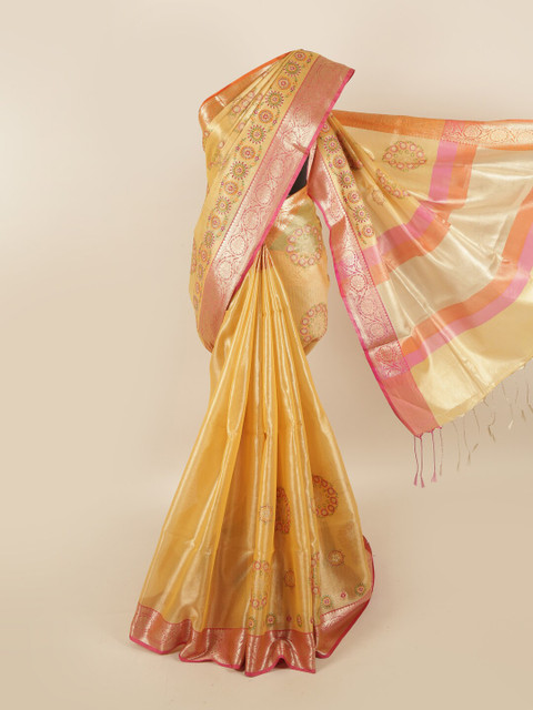 

Pothys Yellow & Gold-Toned Floral Tissue Saree