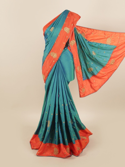 

Pothys Blue & Orange Floral Embroidered Sana Silk Saree