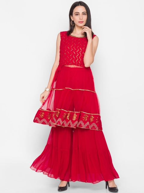 

ZOLA Women Red Floral Layered Kurti with Sharara