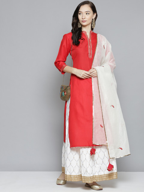 

Bhama Couture Women Red Regular Kurta with Skirt & With Dupatta