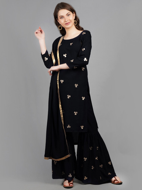 

PNEHA Women Navy Blue Floral Regular Kurta with Sharara & With Dupatta