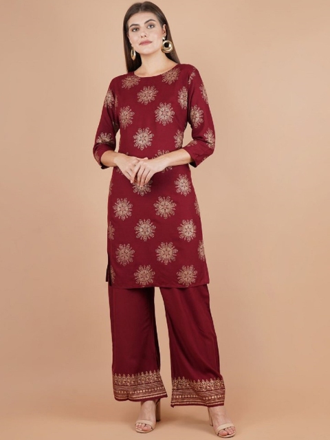 

PNEHA Women Maroon Floral Embroidered Regular Kurta with Palazzos