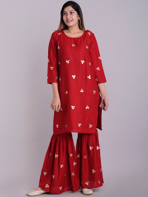 

PNEHA Women Red Empire Kurti with Sharara & With Dupatta