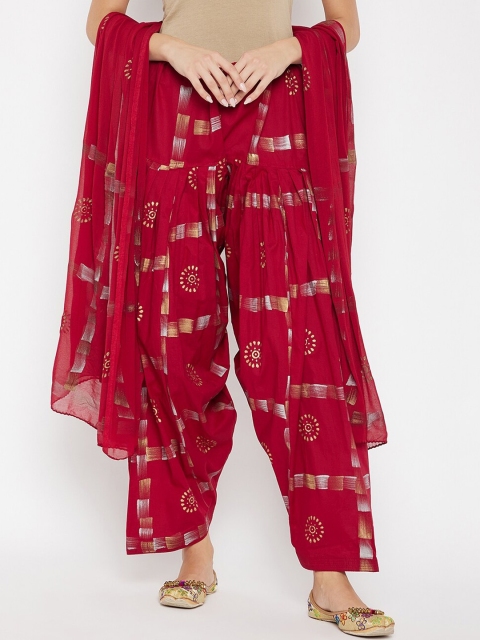 

Clora Creation Women Maroon & Gold-Coloured Printed Loose-Fit Cotton Salwar With Dupatta