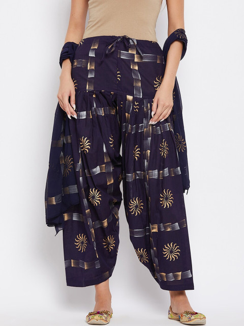 

Clora Creation Women Navy Blue & Gold-Coloured Floral Printed Cotton Loose-Fit Salwar With Dupatta