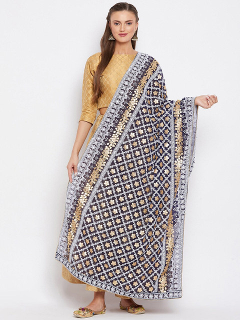 

Clora Creation Navy Blue & Gold-Toned Embroidered Dupatta with Gotta Patti