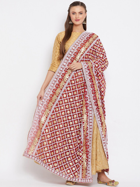 

Clora Creation Maroon Embroidered Dupatta with Gotta Patti