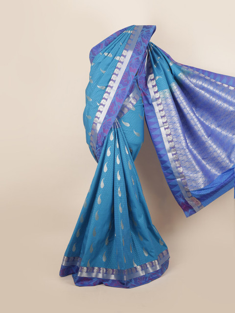 

Pothys Blue & Silver-Toned Ethnic Motifs Pure Silk Saree