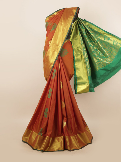 

Pothys Coral & Gold-Toned Ethnic Motifs Pure Silk Saree