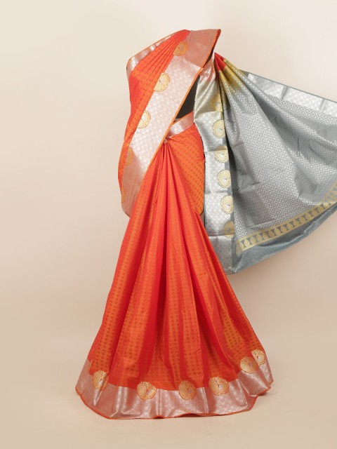

Pothys Orange & Silver-Toned Woven Design Pure Silk Saree