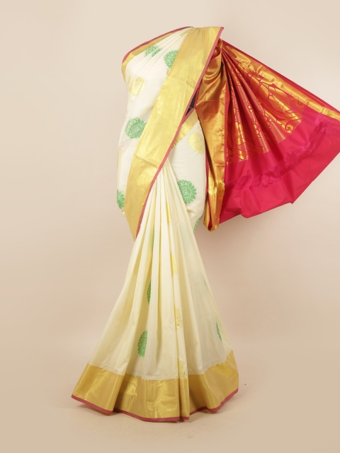

Pothys Cream-Coloured & Pink Ethnic Motifs Pure Silk Saree