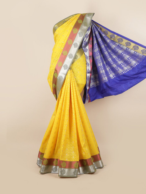 

Pothys Yellow & Blue Ethnic Motifs Pure Silk Saree