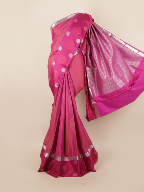 

Pothys Magenta & Silver-Toned Woven Design Zari Pure Silk Saree