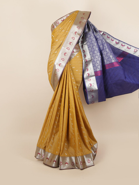 

Pothys Mustard & Blue Ethnic Motifs Pure Silk Saree