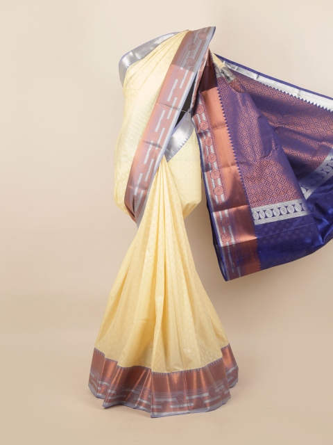 

Pothys Cream-Coloured & Blue Ethnic Motifs Pure Silk Saree