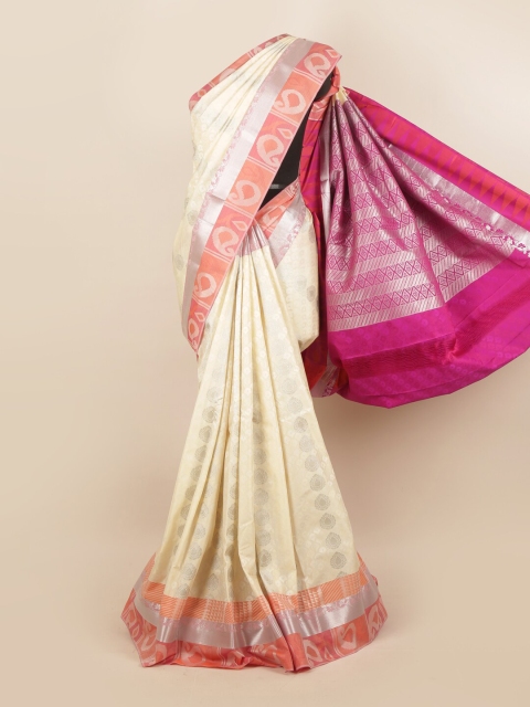 

Pothys Off White & Pink Ethnic Motifs Zari Pure Silk Saree