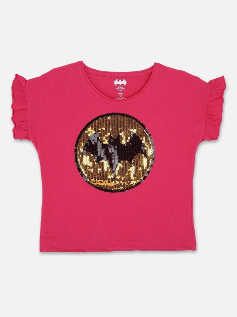 

Kids Ville Girls Pink Printed Batgirl Applique Pure Cotton T-shirt