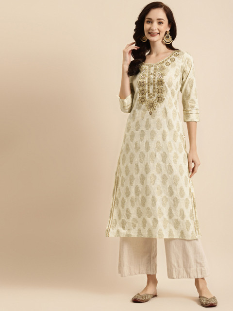 

RANGMAYEE Women Off White & Gold-Toned Embroidered Liva Kurta