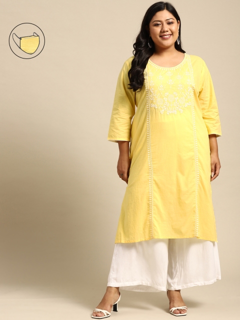 

RANGMAYEE Women Yellow & White Floral Embroidered Kurta