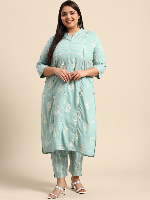 

RANGMAYEE Women Blue Floral Printed Regular Pure Cotton Kurta with Trousers