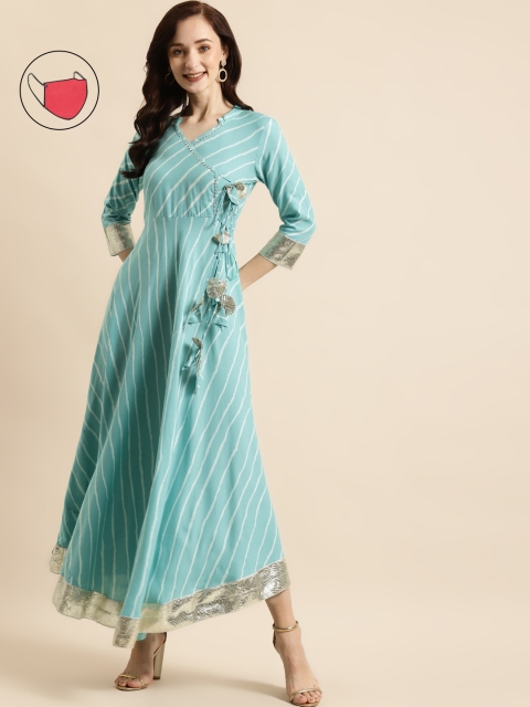 

RANGMAYEE Turquoise Blue & White Liva Ethnic A-Line Maxi Dress