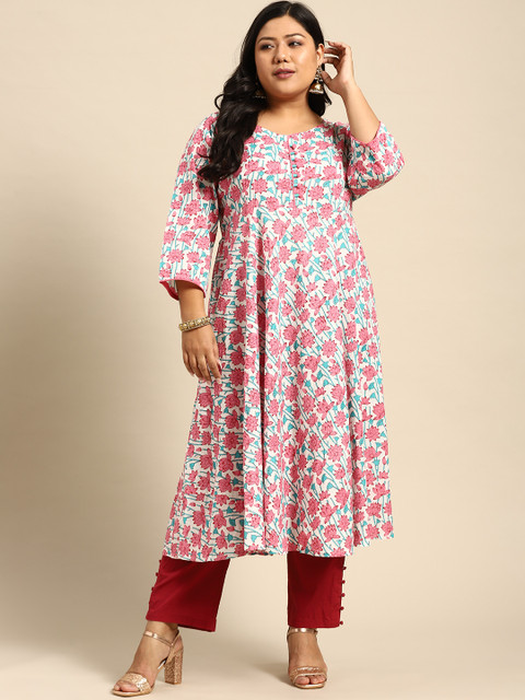 

RANGMAYEE Women White & Pink Floral Printed Floral Anarkali Kurta