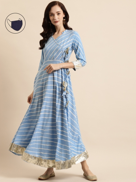 

RANGMAYEE Blue & White Liva Ethnic A-Line Maxi Dress