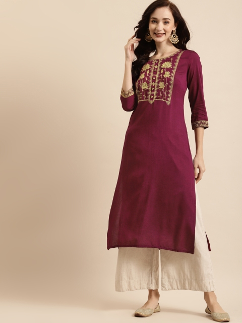 

RANGMAYEE Women Purple & Gold-Toned Embroidered Liva Kurta
