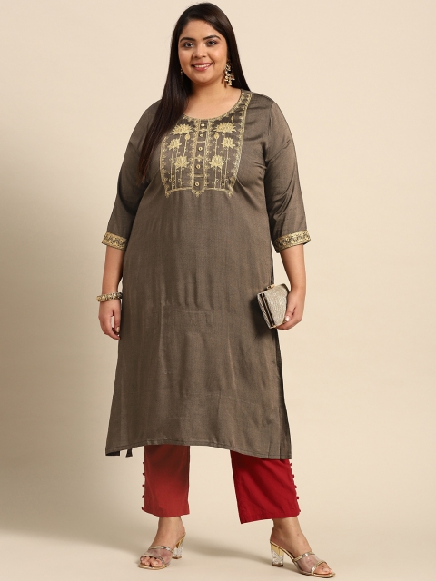 

RANGMAYEE Women Grey & Gold-Toned Floral Yoke Design Thread Work Liva Kurta