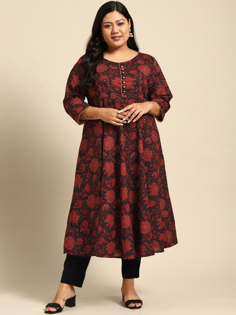 

RANGMAYEE Women Navy Blue & Maroon Floral Printed Floral Anarkali Kurta