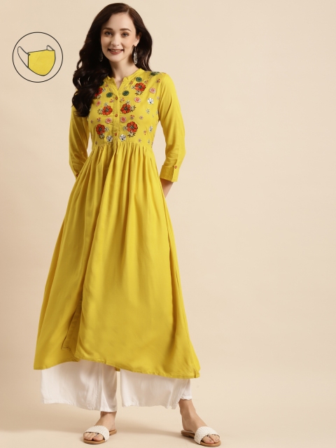 

RANGMAYEE Women Yellow & Red Floral Embroidered Liva Kurta