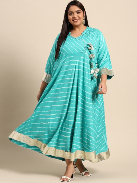 

RANGMAYEE Turquoise Blue & White Striped Liva Ethnic A-Line Maxi Dress