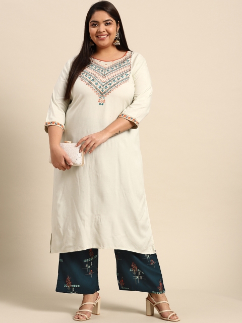 

RANGMAYEE Women Grey Embroidered Regular Liva Kurta with Palazzos