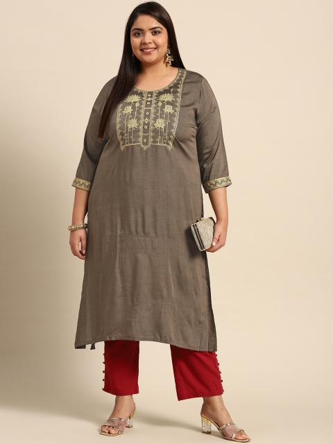 

RANGMAYEE Women Grey & Gold-Toned Floral Yoke Design Thread Work Liva Kurta