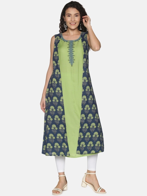 

Saffron Threads Women Blue & Green Geometric Embroidered Kurta With Printed Mock Jacket