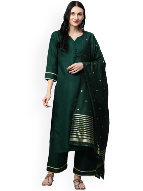 

GoSriKi Women Green Paisley Regular Kurta with Palazzos & With Dupatta