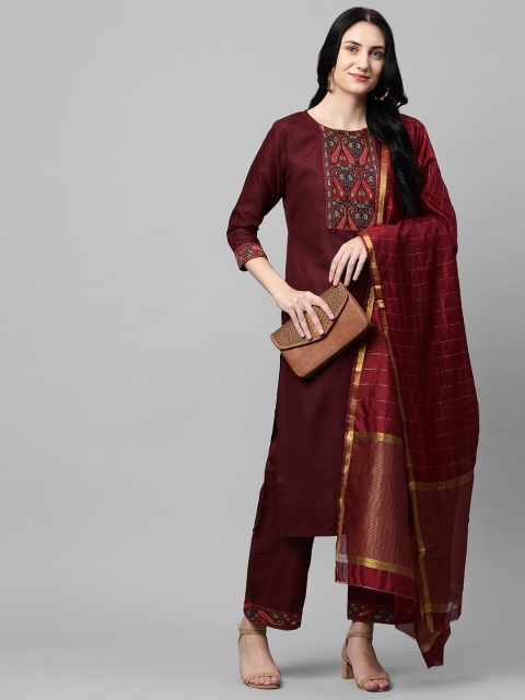 

GoSriKi Women Maroon Embroidered Regular Pure Cotton Kurta with Trousers & With Dupatta