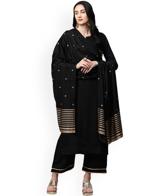 

GoSriKi Women Black Embroidered Regular Kurta with Trousers & With Dupatta