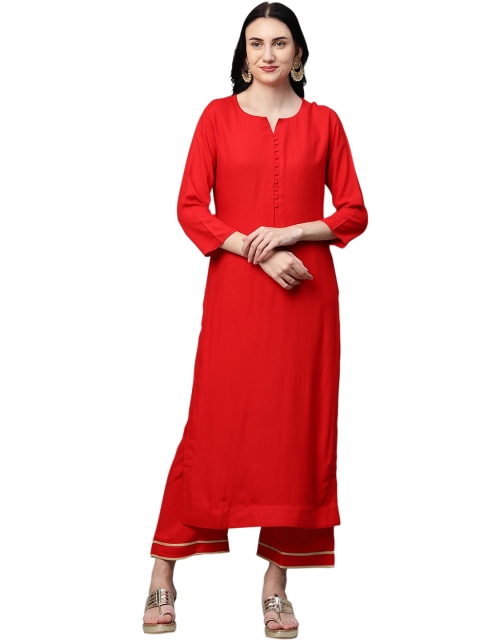 

GoSriKi Women Red Regular Kurta with Trousers & With Dupatta