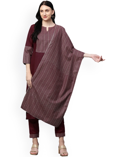 

GoSriKi Women Maroon Embroidered Layered Pure Cotton Kurta with Trousers & With Dupatta