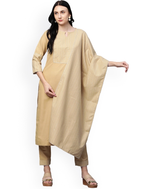 

GoSriKi Women Beige Regular Pure Cotton Kurta with Trousers & With Dupatta
