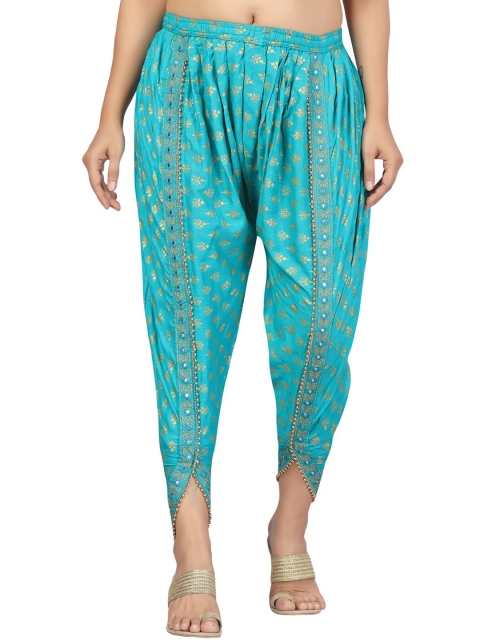 

Aarika Women Turquoise Blue & Gold-Coloured Printed Cotton Dhoti Pants