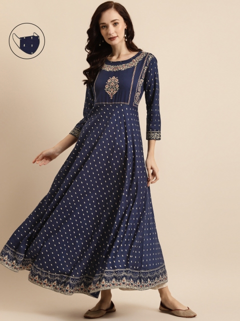 

RANGMAYEE Women Navy Blue & Cream-Coloured Floral Printed Liva Kurta