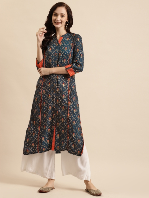 

RANGMAYEE Women Navy Blue & Coral Pink Floral Printed Block Print Liva Kurta